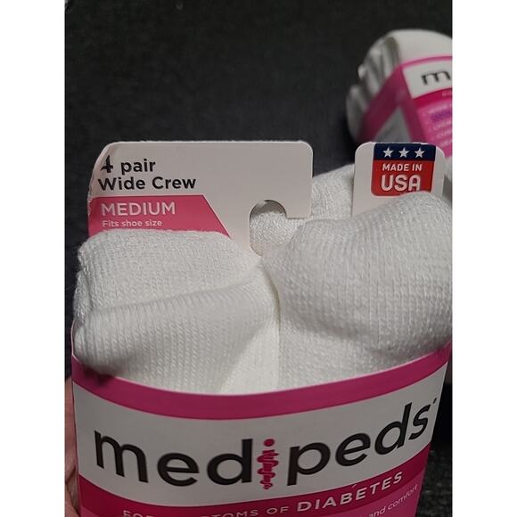 MediPeds Socks Medium 4 Pk 7-10 White Crew Diabetic Cushioned Coolmax New USA - Picture 4 of 6